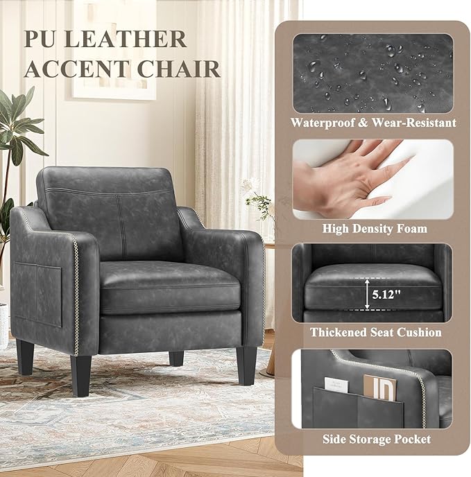 PU Leather Accent Chair Set of 2, Mid-Century Modern Living Room Armchair Sofa with Removable Cushions, Solid Wood Frame & Stitched Armrest Design, Bedroom Chair with Plastic Legs, Black