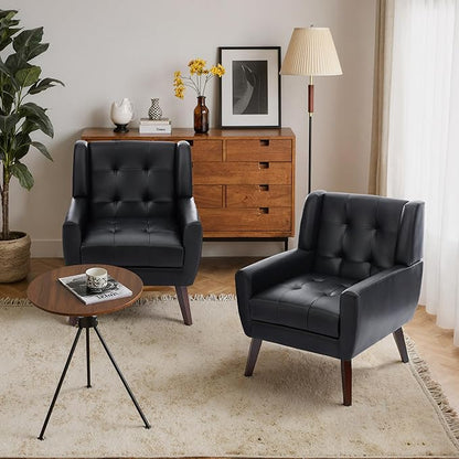 Faux Leather Accent Chairs Set of 2, Mid-Century Modern Upholstered Armchair, Comfy Living Room Chairs Reading Chairs with Button Tufted Back & Solid Wood Legs for Bedroom, Office, Black