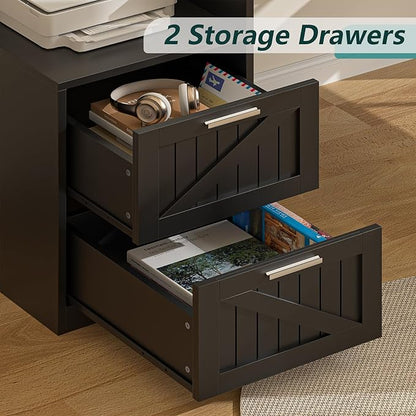 63" Farmhouse L Shaped Desk with Drawers & Storage Shelf, Corner Computer Desk with Power Outlets for Home Office, Executive Desk with Monitor Stand, Printer Shelf, Black
