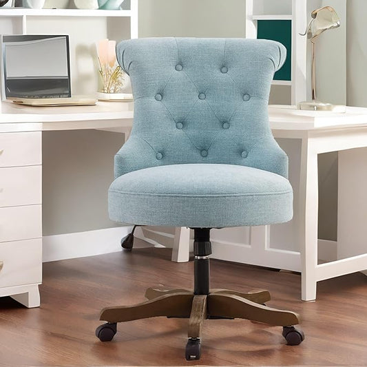 HUIMO Home Office Chair Upholstered Armless Desk Chair with Wheels Adjustable Height Computer Desk Chair with Wooden Legs Comfortable Linen Swivel Chairs for Home Office Study Studio (Teal)