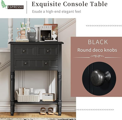 Knocbel Slim Antique Entry Console Table with 3 Drawers & Bottom Open Shelf, Solid Wood Narrow Sofa Couch Table for Entryway Hallway Living Room 23.7" W x 13" D x 31.4" H Black