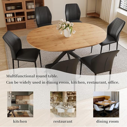 43.2"-59.1" Extendable Dining Table Set with Metal Legs, Wooden Round Kitchen Table for 4-6 Person, Oak Coffee Table w/Easy-Clean Tabletop