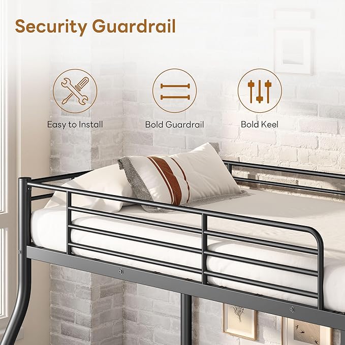 Bellemave Twin Over Full Bunk Bed for Teens, Twin Over Full Bunk Bed Frame with Build in Ladder and Full Length Guardrail, Easy Assemble Bunkbeds, Mattress Not Included, Black