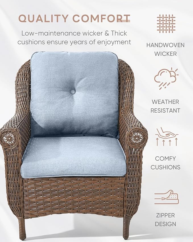 Patio Wicker Chairs Outdoor Furniture Chair - Set of 2 Outside All Weather Lawn Dining Brown Rattan Armchair with High Back&Deep Seating for Deck Porch Balcony Backyard Garden - Baby Blue