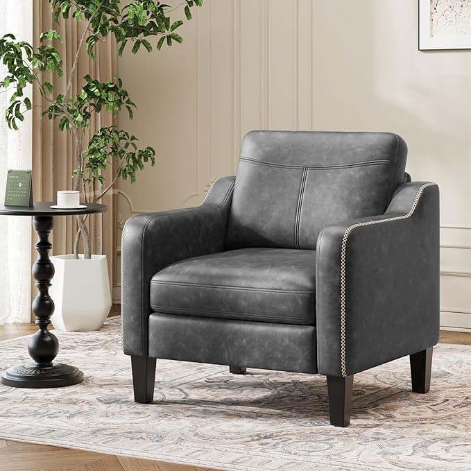 PU Leather Accent Chair, Mid-Century Modern Living Room Armchair Sofa with Removable Cushions, Solid Wood Frame & Stitched Armrest Design, Bedroom Chair with Plastic Legs, Black