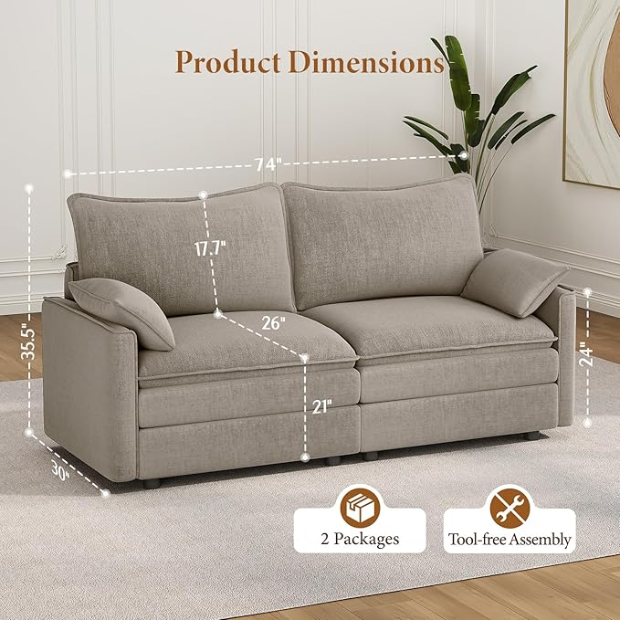 Vesgantti 74" Loveseat Sofa for Living Room, Comfy Cloud Couch Deep Seat Chenille Modern 2 Seater Small Sofa with Armrest Pillow, Easy Assembly for Small Spaces, Light Brown