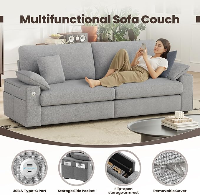 89" Loveseat Sofa, Cloud Foam Couch, 3 Seater Upholstered Midcentury Mondern Love Seat with USB Type C Ports, 4 Pillows and Flip-Open Storage Armrest for Living Room/Small Spaces, Gray