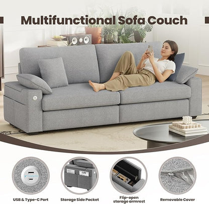 89" Loveseat Sofa, Cloud Foam Couch, 3 Seater Upholstered Midcentury Mondern Love Seat with USB Type C Ports, 4 Pillows and Flip-Open Storage Armrest for Living Room/Small Spaces, Gray