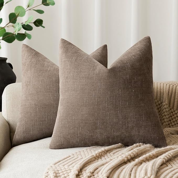 Foindtower Pack of 2 Soft Textured Chenille Throw Decorative Pillow Covers Square Accent Solid Cushion Cover Cozy Farmhouse Pillow Case with Zipper for Couch Sofa Bedroom Living Room 26x26 Inch, Taupe