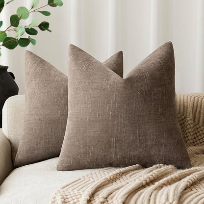 Foindtower Pack of 2 Soft Textured Chenille Throw Decorative Pillow Covers Square Accent Solid Cushion Cover Cozy Farmhouse Pillow Case with Zipper for Couch Sofa Bedroom Living Room 22x22 Inch, Taupe