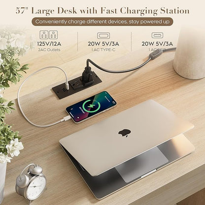 Yechen Executive Desk with 5 Drawers, 57" Modern Rattan Home Office Desk with Charging Station, File Drawer, Farmhouse Boho Computer Writing Desk for Study, Work, White