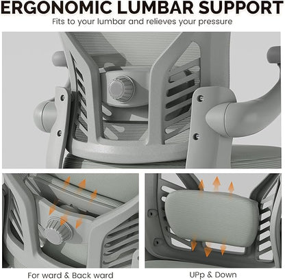 Computer Desk Chair with Wheels, Mesh Office Chair with Flip Up Arms, Adjustable Lumbar Support, Swivel Desk Chair Comfy, All Grey