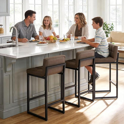 Bar Stools Set of 3, Upholstered PU Leather Counter Height Barstools with Low Back and Thickened Metal Legs, Modern Chairs for Kitchen Island, Bar, Counter (Coffee Brown, 3Pcs 26" Bar Stools)