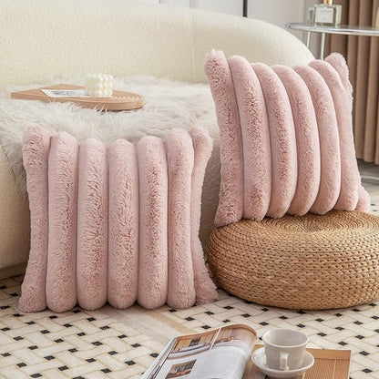 Neelvin Pink Faux Fur Cozy Soft Striped Decorative Throw Pillow Covers 12x20 inch Set of 2,Velvet Pillowcase Cushion Case for Sofa Couch
