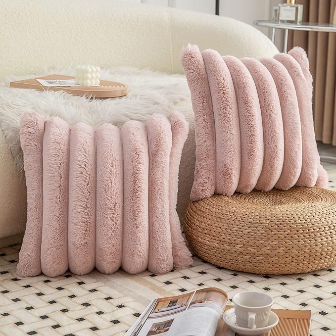 Neelvin Pink Faux Fur Cozy Soft Striped Decorative Throw Pillow Covers 24x24 inch Set of 2,Velvet Pillowcase Cushion Case for Sofa Couch