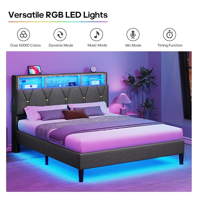 Queen Bed Frame with Storage Headboard and RGB LED Lights, Modern Upholstered Platform Bed Frame Queen Size with Charging Station, Stable Easy Assembly,Dark Grey