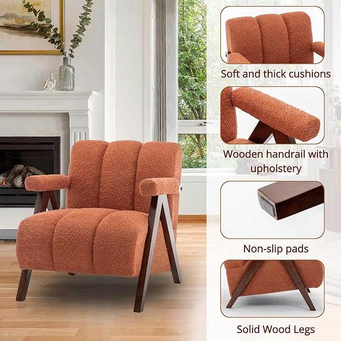 Mid Century Modern Accent Chair with Solid Wood Frame, Boucle Upholstered Living Room Chairs with Thick Cushion, Comfy Tufted Arm Chair for Bedroom, Orange