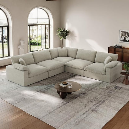 Cloud Modular Couch for Living Room,5 Seat V Shape Linen Blend Sofas,Modern Deep Seat Cloud Sofas,Convertible Comfort Down Filled Sectional Couches,Removable Washable Cushion Covers,Light Biege