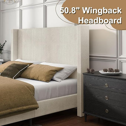 HOWE California King Size Upholstered Platform Bed Frame, Wingback Bed with 50.8" Headboard, Corduroy/Solid Wood Leg/No Box Spring Needed/Noise Free Sturdy Structure/Cream