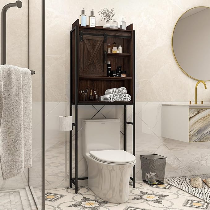 LOKO Over The Toilet Storage Cabinet, Freestanding Bathroom Space Saver with Adjustable Shelves & Sliding Barn Door, 4-Tier Over Toilet Bathroom Organizer, 25 x 9.5 x 67.5 inches (Espresso)