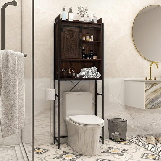 LOKO Over The Toilet Storage Cabinet, Freestanding Bathroom Space Saver with Adjustable Shelves & Sliding Barn Door, 4-Tier Over Toilet Bathroom Organizer, 25 x 9.5 x 67.5 inches (Espresso)
