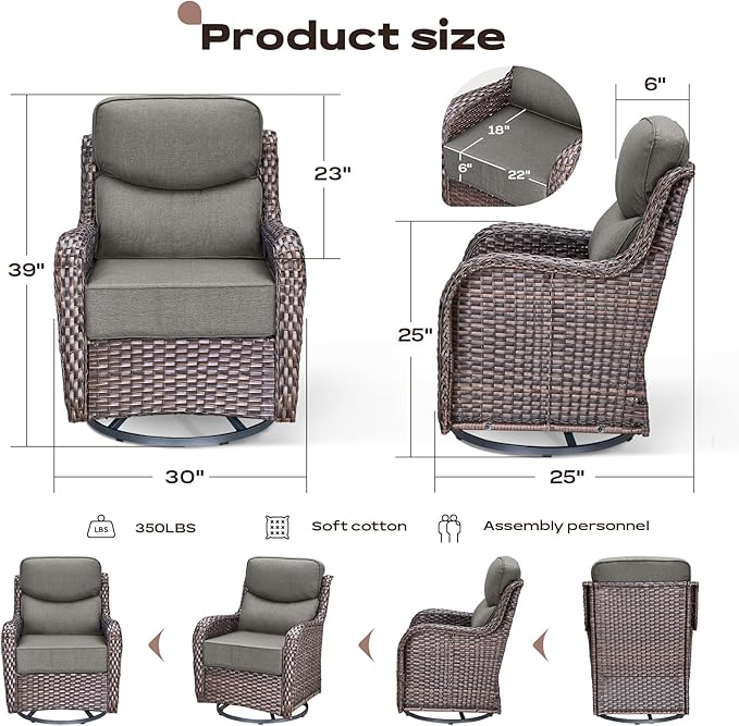 Rilyson 4 Piece Outdoor Patio Swivel Rocker Chairs, Waterproof Wicker, High Back, Deep Seating, Wide Armrest, Upgraded 6 inch Thick Cushions, Ideal for Deck Porch Backyard, Brown/Grey