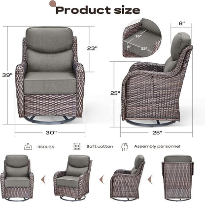 Rilyson 4 Piece Outdoor Patio Swivel Rocker Chairs, Waterproof Wicker, High Back, Deep Seating, Wide Armrest, Upgraded 6 inch Thick Cushions, Ideal for Deck Porch Backyard, Brown/Grey