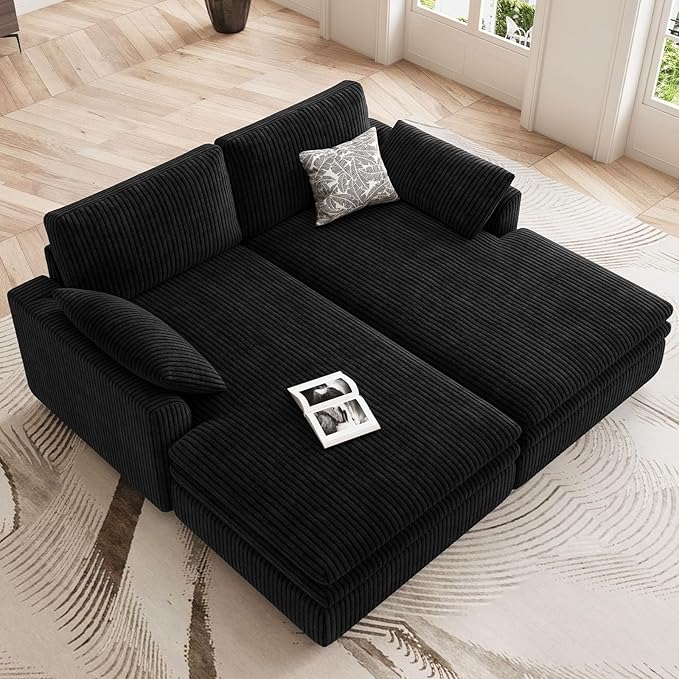 Belffin Large Modular Sectional Sofa with Deep Chaise, 73.6" Corduroy L Shaped Couch with 9" Soft Dual-Layer Seats Cushion for Living Room, Apartment, Black