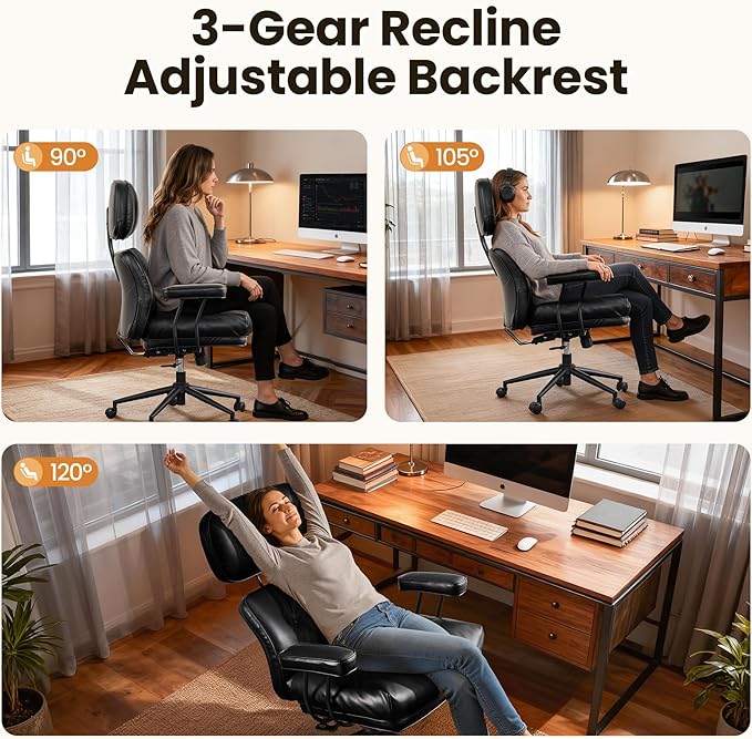 Home Office Desk Chair, Mid-Century Modern Office Chair with Adjustable Lumbar Support, Thickened Cushion Executive Desk Chair with 360 Rolling Swivel for Meeting Game Study Room(Black)