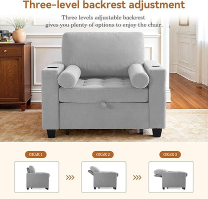Convertible Sleeper Chair Bed, Comfy Corduroy Single Futon Sofa Chair with Pull Out Bed, 3-Levels Adjustable Backrest Accent Chair with Side Pockets, Cup Holder & USB Ports for Living Room, Bedroom