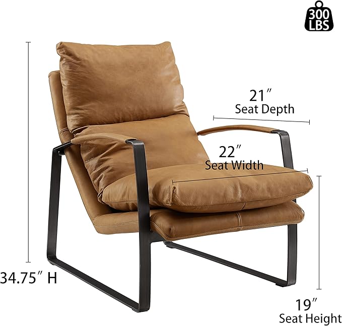Art Leon Genuine Leather Accent Chair, Mid Century Modern Living Room Chair Lounge Chair with Black Metal Frame, Light Brown