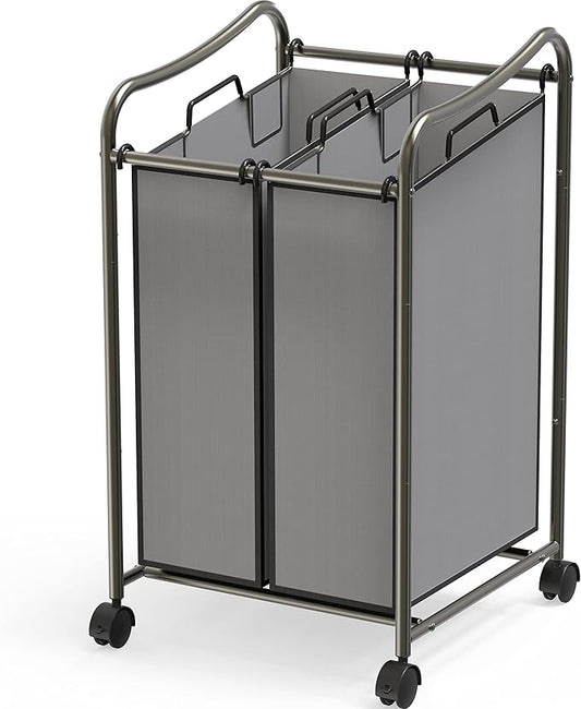 Simple Houseware 2-Bag Heavy Duty Rolling Laundry Sorter Cart, Dark Gray – 2 Section Removable Bags and Lockable Wheels for Laundry Room Organization