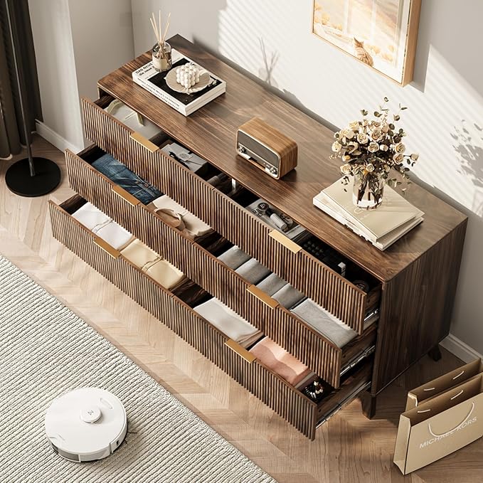 6 Drawer Dresser, 53.43 Inch Fluted Wood Double Dresser Curved Design Wide Storage Organizer Cabinet Mid Century Modern Chest Dressers for Bedroom Living Room Entryway(Walnut)