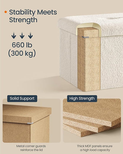 SONGMICS Storage Ottoman Bench, Storage Chest, 15 x 43 x 15 Inches, Foot Rest Stool, End of Bed Bench, Load up to 660 lb, for Living Room, Bedroom, Entryway, Cream White ULSF097W01