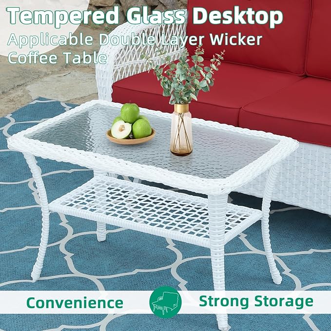 VIVIJASON 5-Piece Outdoor Patio White Wicker Conversation Sets, All Weather Outdoor Rattan Furniture Set Includes Glider Loveseat, 2 Coffee Table, 2 Swivel-Gliders Chairs with Cushions, Red
