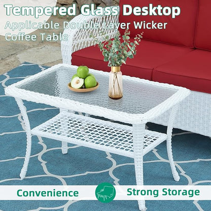 VIVIJASON 5-Piece Outdoor Patio White Wicker Conversation Sets, All Weather Outdoor Rattan Furniture Set Includes Glider Loveseat, 2 Coffee Table, 2 Swivel-Gliders Chairs with Cushions, Red