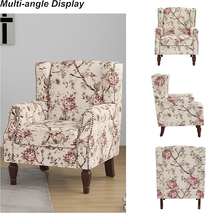 Accent Chair, Upholstered High Back Floral Armchair with Nailhead Trim & Wood Legs, Comfy Wingback Reading Single Sofa Chair for Small Spaces, Living Room, Bedroom-Pink Floral, Set of 1