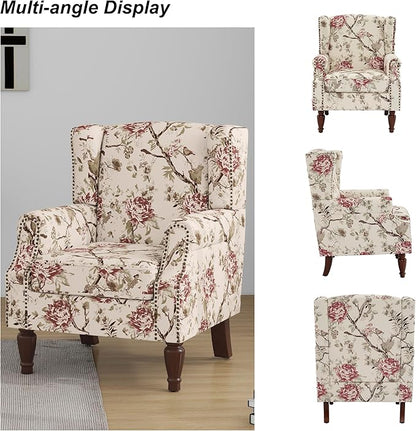 Accent Chair, Upholstered High Back Floral Armchair with Nailhead Trim & Wood Legs, Comfy Wingback Reading Single Sofa Chair for Small Spaces, Living Room, Bedroom-Pink Floral, Set of 1