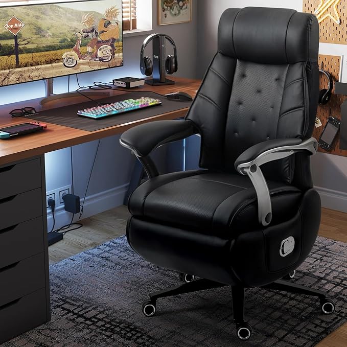 Kinnls Magnus Massage Office Chair with Ventilation and Heating,Leather Power Recliner Chair with Footrest,Big and Tall Ergonomic Comfy Home Office Desk Chairs High Back 500lbs (Black)