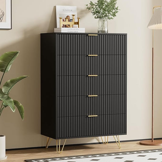 Black Dresser for Bedroom, Fluted Modern Dresser with Gold Pulls and 5 Drawers, 15.7" D x 31.5" W x 47.2" H