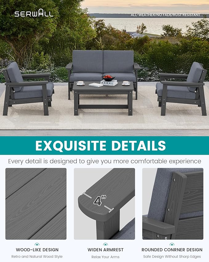 SERWALL 4 Piece HDPE Outdoor Furniture Set, All Weather Wood-Like Outdoor Sofa Sectional Couch, Grey Patio Furniture Set with Grey Cushions