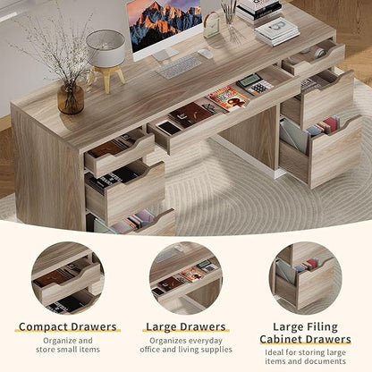 Computer Desk with Storage Drawers, 54 Inch Executive Desk with 7 Drawers for Bedroom, Office Desk with File Drawers for Work Study Writing, Small Spaces, White and Walnut