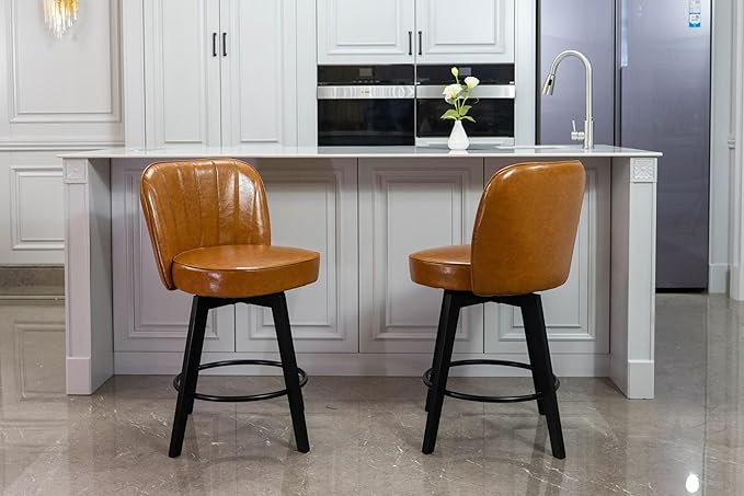MINCETA Bar Stools Set of 2, PU Leather Barstools, 26 Inch Upholstered Counter Stools with Backrest and Footrest, Swivel Counter Height Barstools for Kitchen Island Home Bar Light Brown