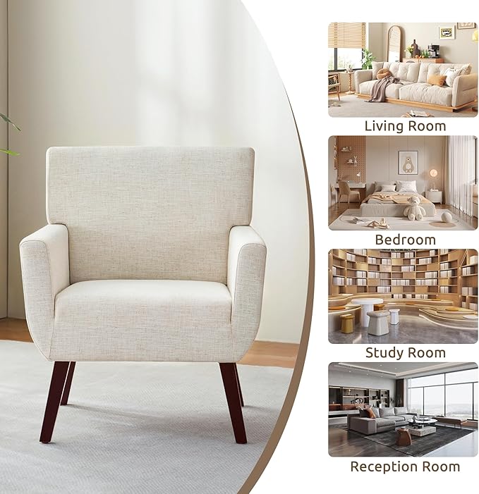 Upholstered Accent Chair,Mid Century Modern Linen Fabric Small Living Room Chair with Arm,Comfy Wingback Armchair for Bedroom Reading Beige