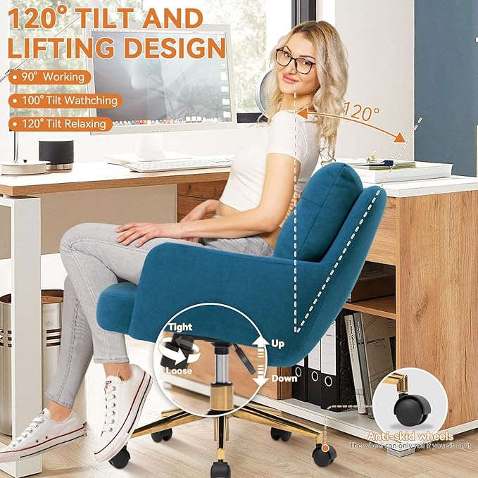 Velvet Office Chair, Comfy Home Office Desk Chairs with Lumbar Support, Modern Velvet Desk Chair Gold Legs Small Swivel Task Chair for Home Office, Bedroom, Study (Blue, L)