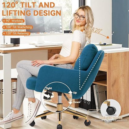 Velvet Office Chair, Comfy Home Office Desk Chairs with Lumbar Support, Modern Velvet Desk Chair Gold Legs Small Swivel Task Chair for Home Office, Bedroom, Study (Blue, L)