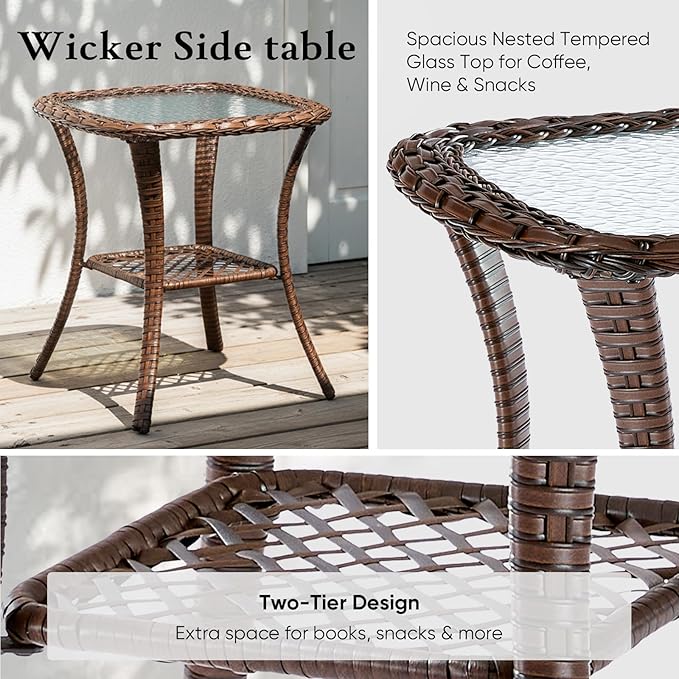 Belord Luxury 6" Thick Cushioned 5 Pieces Patio Furniture Set with Fire Pit Table, Wicker Outdoor Conversation Set with High Back Swivel Rocker Chairs for Deck Porch Yard and Poolside - Brown+Grey