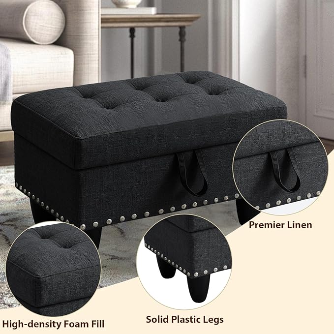 Linen Fabric Storage Ottoman with Nailhead Trim, 28.5"X19.5"X17.5" Footrest Stool, Hidden Storage Foot Stool for Living Room, Bedroom Furniture, Dark Grey