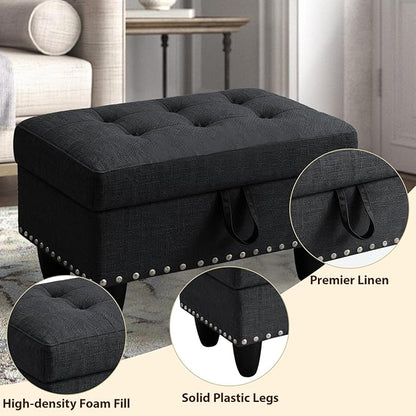 Linen Fabric Storage Ottoman with Nailhead Trim, 28.5"X19.5"X17.5" Footrest Stool, Hidden Storage Foot Stool for Living Room, Bedroom Furniture, Dark Grey