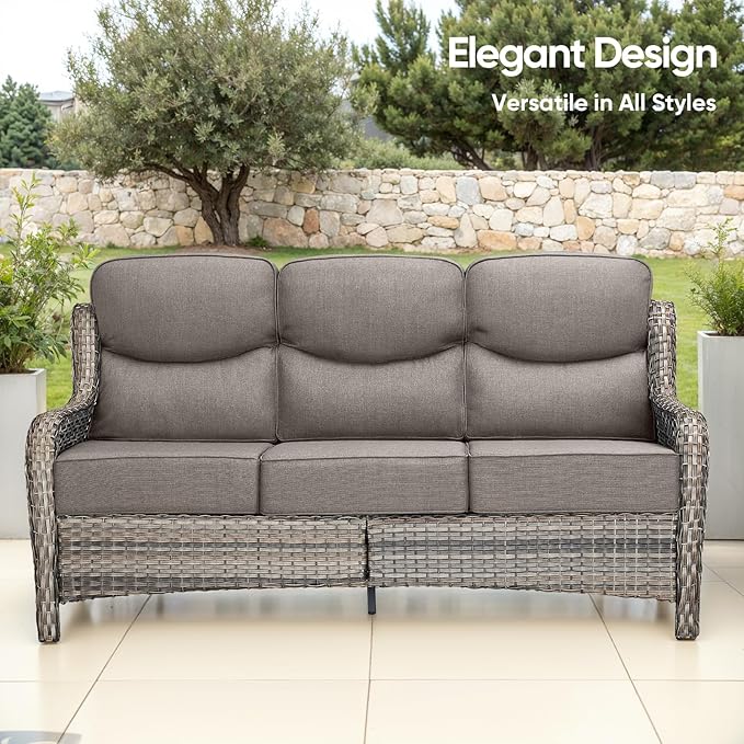 Swivel Patio Chairs sofa Set of 9 with 6" Thick Cushion - Wicker Outdoor Swivel Rocker Patio Chair ,Sofa/Glass coffee table, High Back Comfortable Outdoor Glider Chairs - Grey Wicker | Grey Cushions